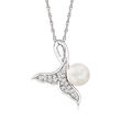 7-7.5mm Cultured Pearl and .10 ct. t.w. Diamond Whale Tail Pendant Necklace in Sterling Silver