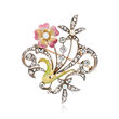 C. 1910 Vintage 2.75 ct. t.w. Diamond Floral Pin with 3.5-4mm Cultured Pearls and Multicolored Enamel in Sterling Silver and 18kt Yellow Gold