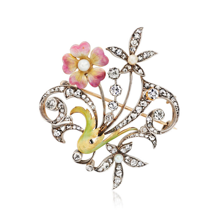 C. 1910 Vintage 2.75 ct. t.w. Diamond Floral Pin with 3.5-4mm Cultured Pearls and Multicolored Enamel in Sterling Silver and 18kt Yellow Gold