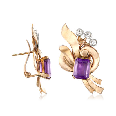 C. 1950 Vintage 4.00 ct. t.w. Amethyst and .40 ct. t.w. Diamond Swirl Earrings in 14kt Two-Tone Gold