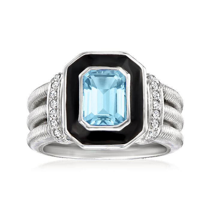 Judith Ripka &quot;Adrienne&quot; 1.90 Carat Swiss Blue Topaz Ring with .11 ct. t.w. Diamonds and Black Enamel in Sterling Silver