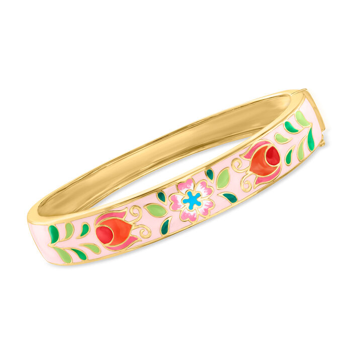 Pink and Multicolored Enamel Floral Bangle Bracelet in 18kt Gold Over Sterling
