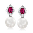 10-10.5mm Cultured South Sea Pearl Drop Earrings with 1.20 ct. t.w. Rubies and .66 ct. t.w. Diamonds in 18kt White Gold