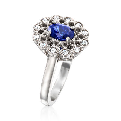 C. 2000 Vintage 1.10 Carat Sapphire and .30 ct. t.w. Diamond Ring in 14kt White Gold
