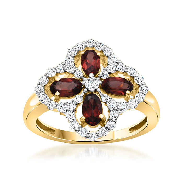 1.20 ct. t.w. Garnet and .50 ct. t.w. White Topaz Clover Ring in 18kt Gold Over Sterling