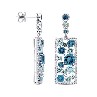 6.55 ct. t.w. London and Sky Blue Topaz Drop Earrings with .58 ct. t.w. Diamonds in 14kt White Gold