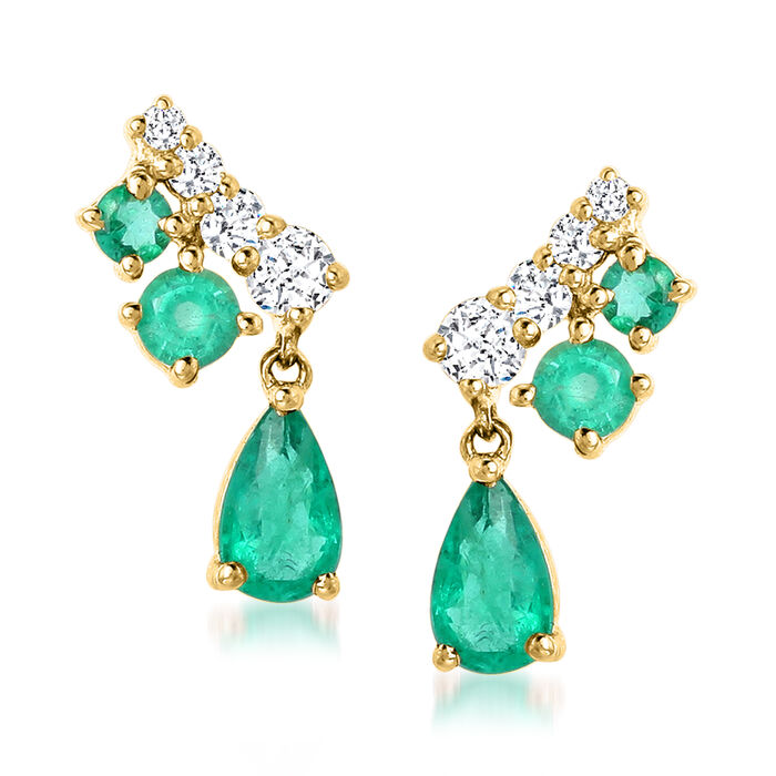 .60 ct. t.w. Emerald and .15 ct. t.w. Diamond Mini Drop Earrings in 14kt Yellow Gold