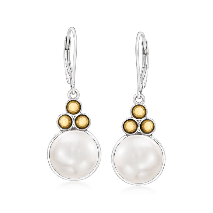 11-12mm Cultured Button Pearl Drop Earrings in Sterling Silver and 14kt Yellow Gold
