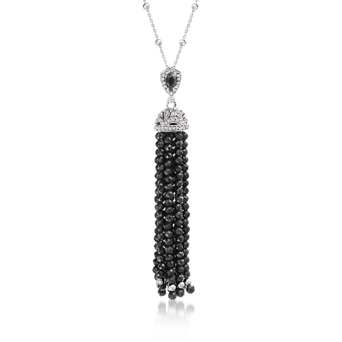 40.00 ct. t.w. Black Spinel Bead Tassel Y-Necklace with Onyx and .90 ct. t.w. White Topaz in Sterling Silver