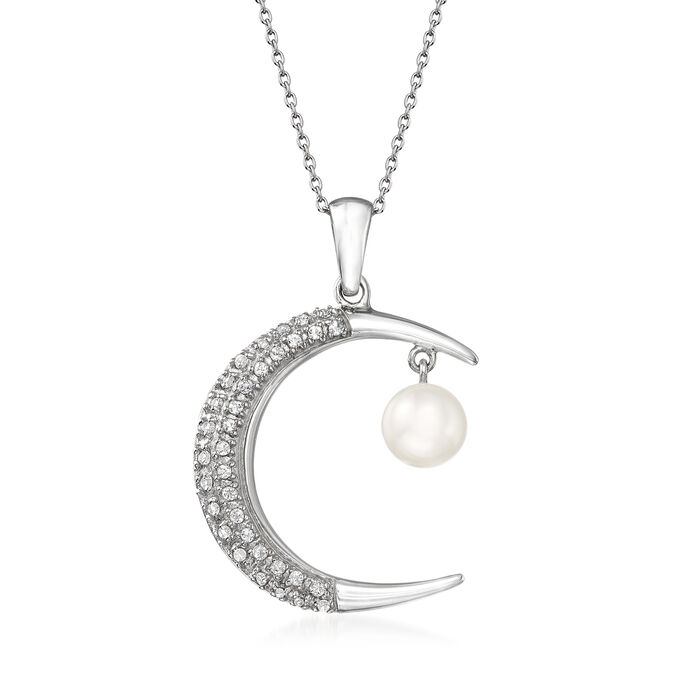 7.5-8mm Cultured Pearl and .70 ct. t.w. White Topaz Crescent Moon Pendant Necklace in Sterling Silver