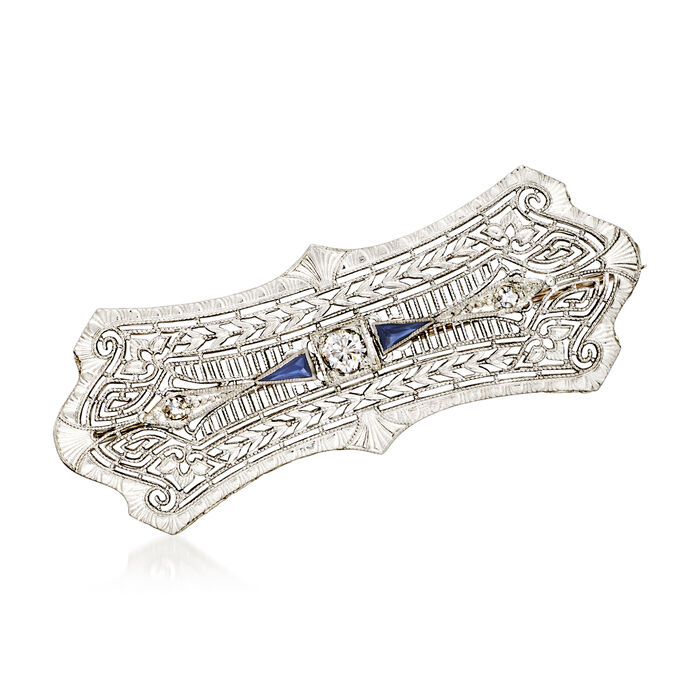 C. 1950 Vintage .15 Carat Diamond Filigree Pin with .15 ct. t.w. Synthetic Sapphires and Diamond Accents in 14kt White Gold