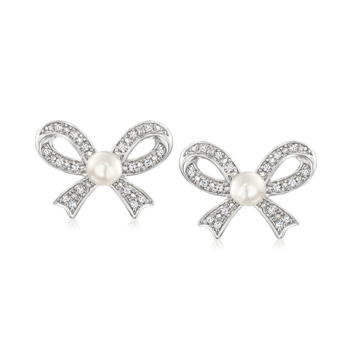 4-4.5mm Cultured Pearl and .11 ct. t.w. Diamond Bow Earrings in Sterling Silver