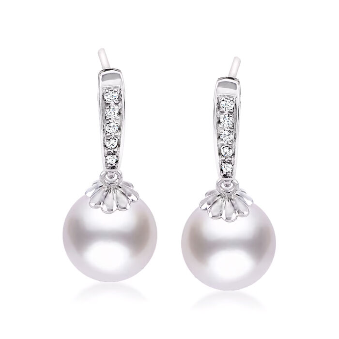 7.5-8mm Cultured Akoya Pearl Drop Earrings with Diamond Accents in 14kt White Gold