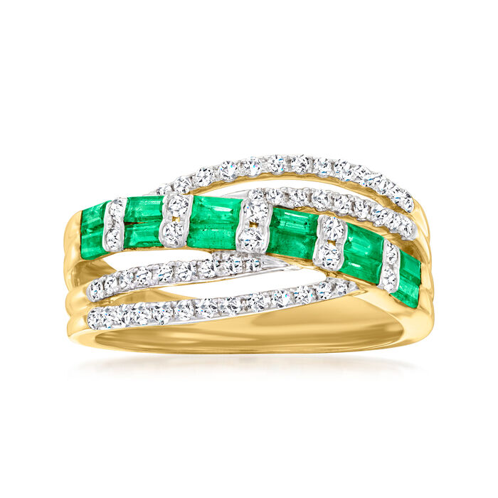 .50 ct. t.w. Emerald and .37 ct. t.w. Diamond Highway Ring in 14kt Yellow Gold