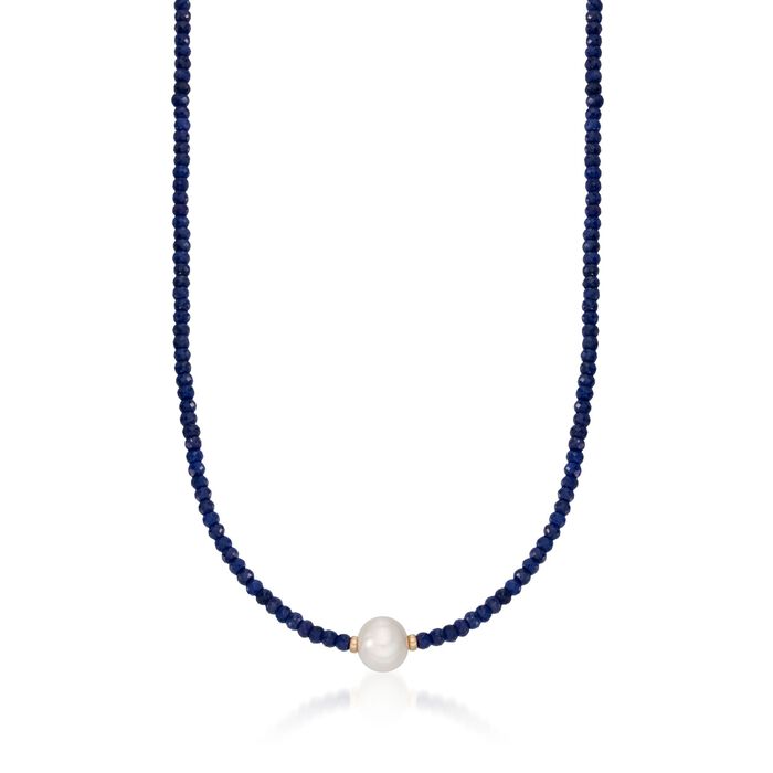 11.5-12.5mm Cultured Pearl and 78.00 ct. t.w. Sapphire Bead Necklace with 14kt Yellow Gold