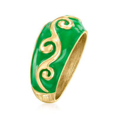 Green Enamel Scroll Ring in 18kt Gold Over Sterling