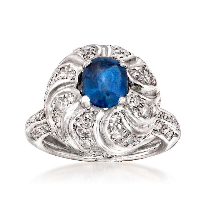 C. 1950 Vintage 1.30 Carat Sapphire and 1.00 ct. t.w. Diamond Dome Ring in Platinum