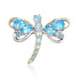 Opal and 2.38 ct. t.w. Swiss Blue and White Topaz Dragonfly Pin/Pendant Necklace in Two-Tone Sterling Silver