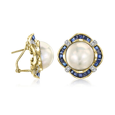 C. 1980 Vintage 15mm Cultured Mabe Pearl and 6.00 ct. t.w. Sapphire Earrings with .18 ct. t.w. Diamonds in 14kt Yellow Gold