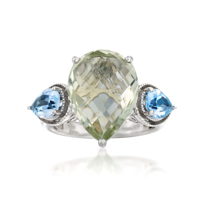7.00 Carat Green Prasiolite and 1.60 ct. t.w. Blue Topaz Ring in Sterling Silver