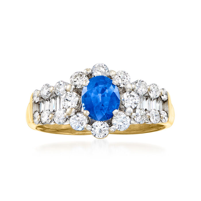 C. 1990 Vintage .87 Carat Sapphire and 1.00 ct. t.w. Diamond Cocktail Ring in 18kt Two-Tone Gold