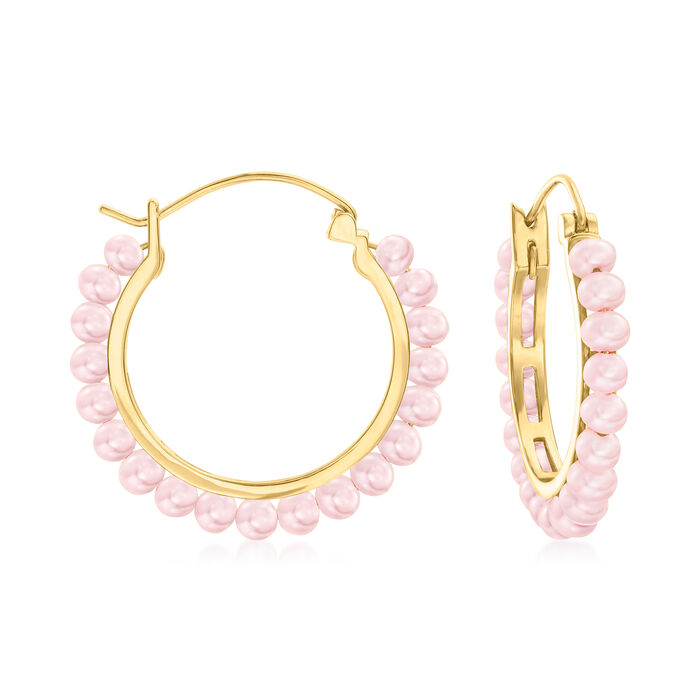 3-3.5mm Pink Cultured Pearl Hoop Earrings in 18kt Gold Over Sterling