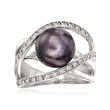 10mm Black Cultured Pearl and .10 ct. t.w. White Zircon Highway Ring in Sterling Silver