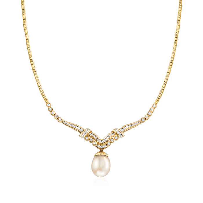 C. 1980 Vintage 15x12mm Cultured South Sea Pearl and 1.35 ct. t.w. Diamond Necklace in 18kt Yellow Gold