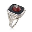 C. 1950 Vintage Black Onyx and Carnelian Ring with Diamond Accents in 18kt White Gold