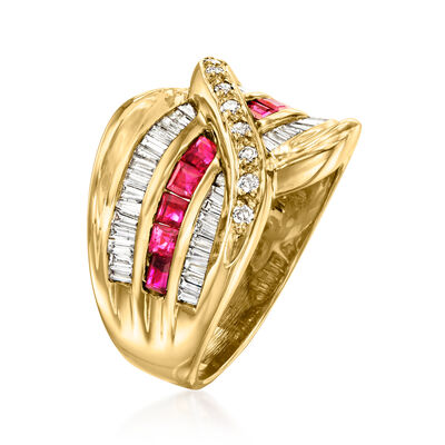 C. 1980 Vintage .84 ct. t.w. Ruby and .73 ct. t.w. Diamond Crisscross Ring in 18kt Yellow Gold