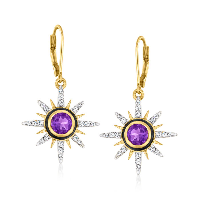 1.50 ct. t.w. Amethyst Celestial Drop Earrings with .80 ct. t.w. White Topaz and Black Enamel in 18kt Gold Over Sterling