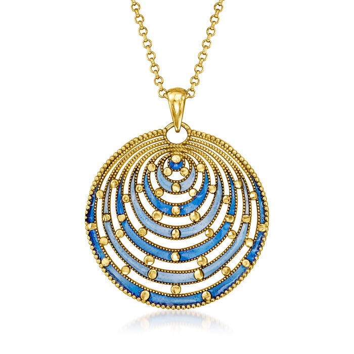 Italian Blue Enamel Circle Pendant Necklace in 18kt Gold Over Sterling