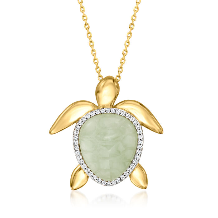 Jade Turtle Pendant Necklace with .20 ct. t.w. White Topaz in 18kt Gold Over Sterling