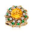 C. 1970 Vintage 2.85 Carat Citrine, 1.10 ct. t.w. Diamond and .80 ct. t.w. Emerald Cocktail Ring in 14kt Yellow Gold