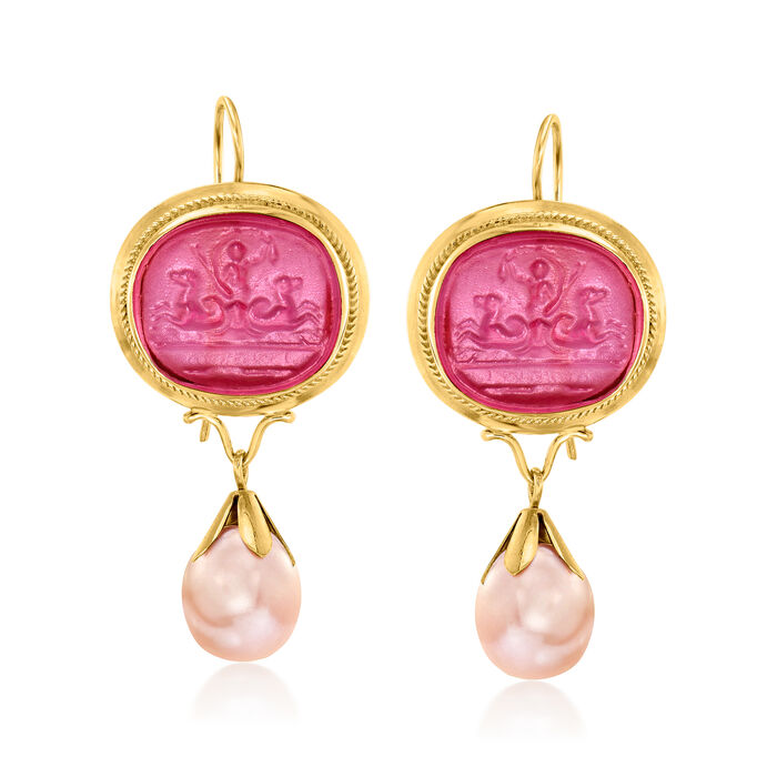 Italian 10-11mm Champagne Cultured Pearl and Pink Venetian Glass Drop Earrings in 18kt Gold Over Sterling