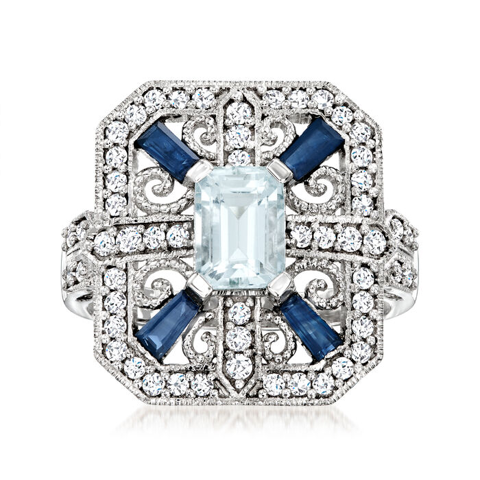 .70 Carat Aquamarine and .53 ct. t.w. Diamond Ring with .40 ct. t.w. Sapphires in 14kt White Gold