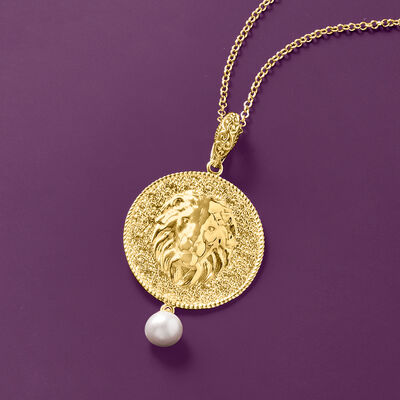 8-8.5mm Cultured Pearl and Lion Medallion Pendant Necklace in 18kt Gold Over Sterling