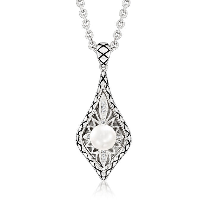 Andrea Candela &quot;Vida De Plata&quot; 8-8.5mm Cultured Pearl Pendant Necklace with Diamond Accents and Black Enamel in Sterling Silver