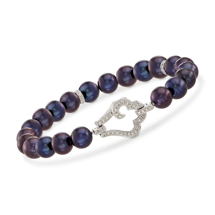 8-8.5mm Black Cultured Pearl and .13 ct. t.w. Diamond Bracelet in Sterling Silver