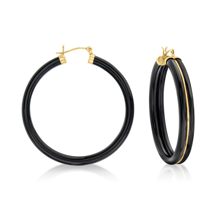 Black Agate Hoop Earrings with 14kt Yellow Gold