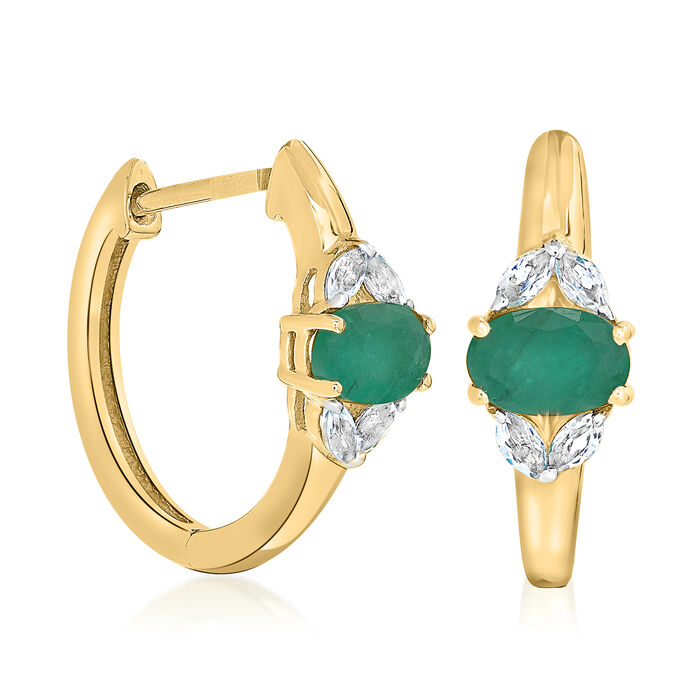 1.00 ct. t.w. Emerald Hoop Earrings with .20 ct. t.w. White Topaz in 14kt Yellow Gold