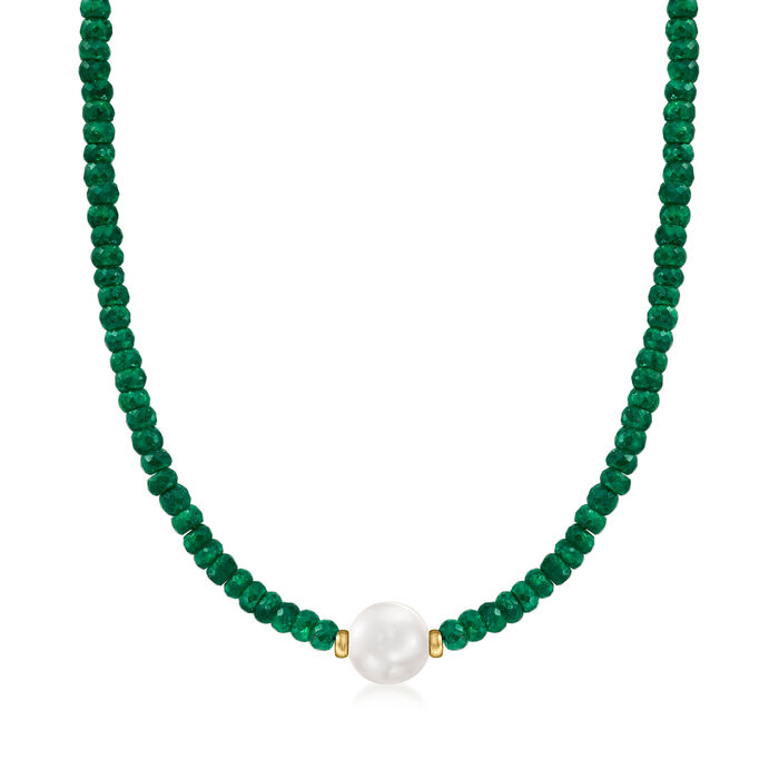 11.5-12.5mm Cultured Pearl and 75.00 ct. t.w. Emerald Bead Necklace with 14kt Yellow Gold