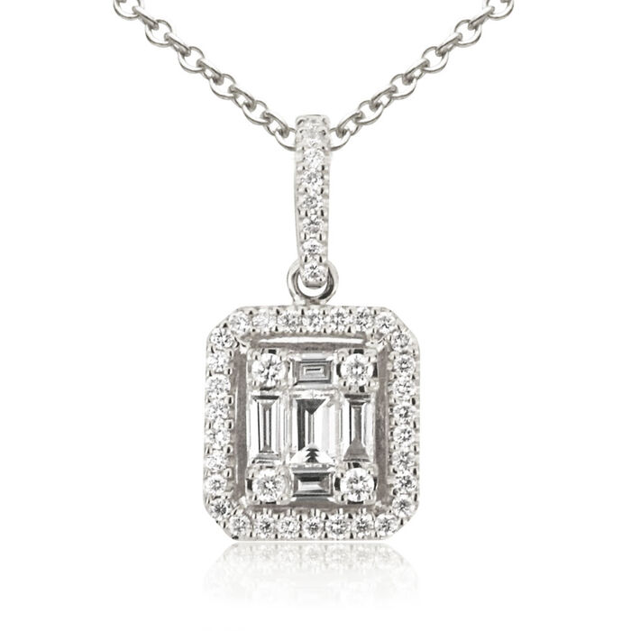 .49 ct. t.w. Baguette and Round Diamond Rectangular Pendant Necklace in 18kt White Gold