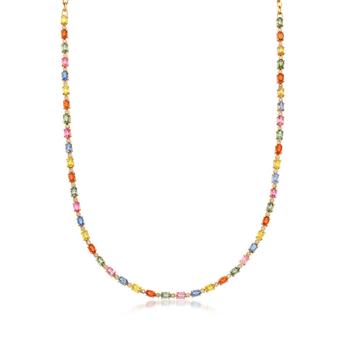 15.10 ct. t.w. Multicolored Sapphire and .36 ct. t.w. Diamond Necklace in 14kt Yellow Gold