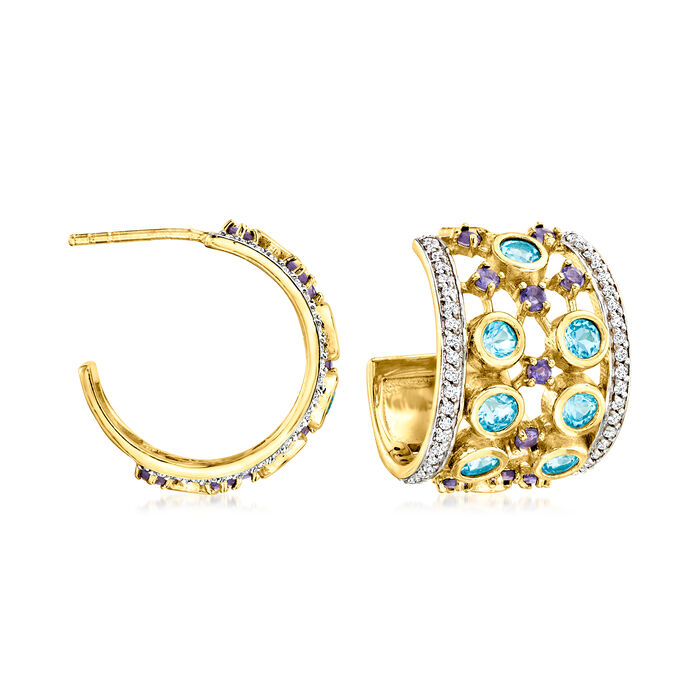 .90 ct. t.w. Iolite and .90 ct. t.w. Swiss Blue Topaz C-Hoop Earrings with .50 ct. t.w. White Zircon in 18kt Gold Over Sterling