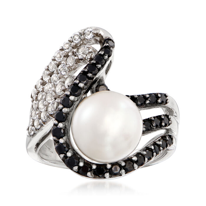 9.5-10mm Cultured Pearl, .70 ct. t.w. Black Spinel and .50 ct. t.w. White Topaz Ring in Sterling Silver