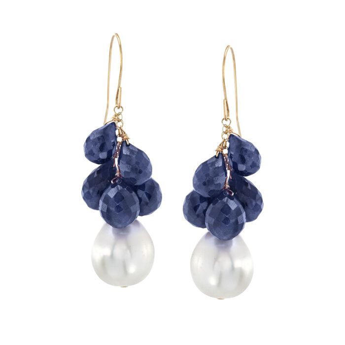 10-11mm Cultured Pearl and Blue Corundum Drop Earrings in 14kt Yellow Gold