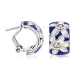 Belle Etoile &quot;Moonflower&quot; Blue Enamel and .10 ct. t.w. CZ Hoop Earrings in Sterling Silver