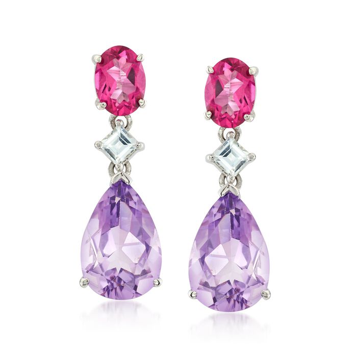 2.50 ct. t.w. Pink and White Topaz and 5.50 ct. t.w. Amethyst Drop Earrings in Sterling Silver 