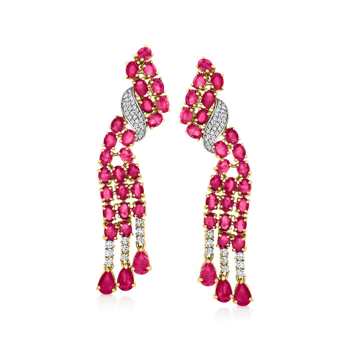 11.90 ct. t.w. Ruby and .70 ct. t.w. White Zircon Drop Earrings in 18kt Gold Over Sterling
